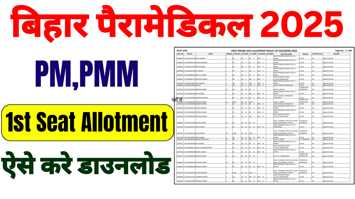 Bihar Paramedical 1st Seat Allotment 2025