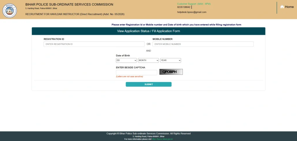 Bihar Police Havildar Instructor Online Form 2026